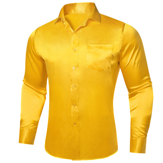 Amber Yellow Solid Satin Silk Dress Shirt shirt S   - Sophisticated Gentlemen