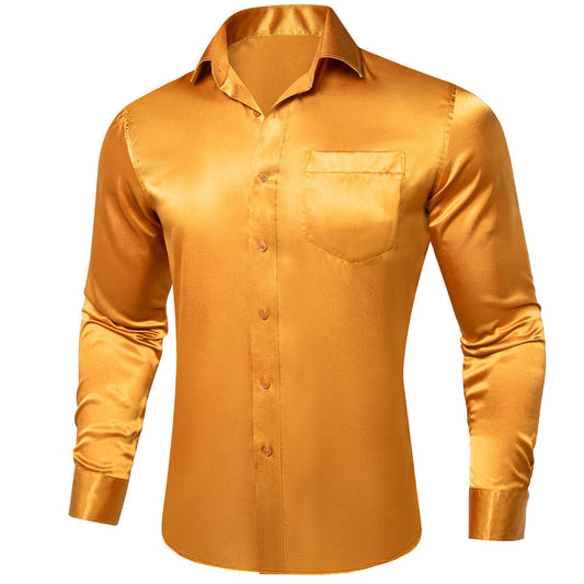 Golden Solid Satin Silk Dress Shirt shirt S   - Sophisticated Gentlemen