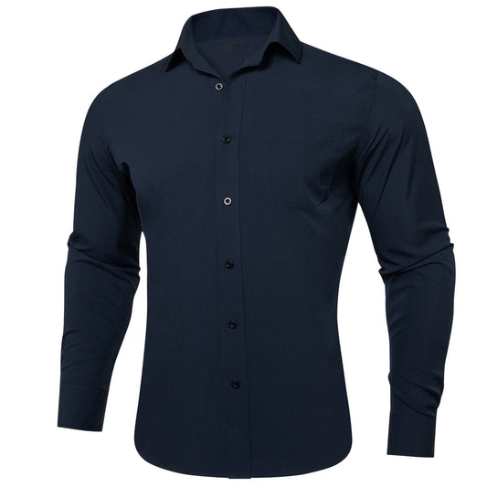 Dark Navy Blue Solid Silk Dress Shirt shirt S   - Sophisticated Gentlemen