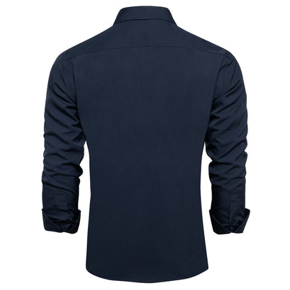 Dark Navy Blue Solid Silk Dress Shirt shirt    - Sophisticated Gentlemen