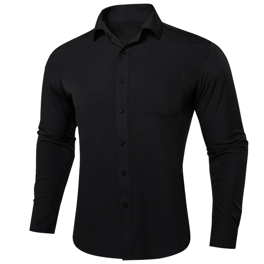 Black Solid Silk Men's Dress Shirt shirt S   - Sophisticated Gentlemen