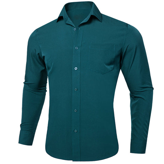Nile Blue Solid Silk Dress Shirt shirt S   - Sophisticated Gentlemen