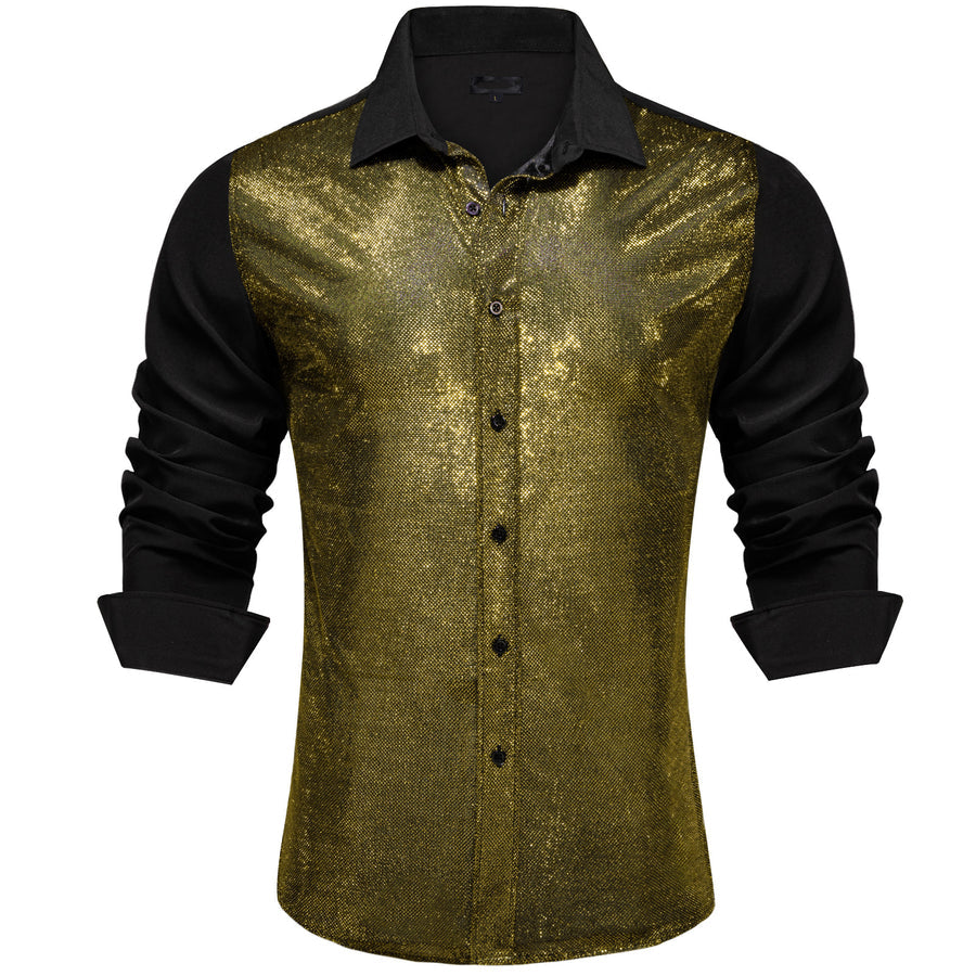 Black Silk Golden Glitter Stitching Dress Shirt shirt S   - Sophisticated Gentlemen