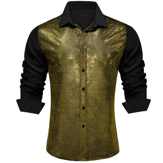 Black Silk Golden Glitter Stitching Dress Shirt shirt S   - Sophisticated Gentlemen