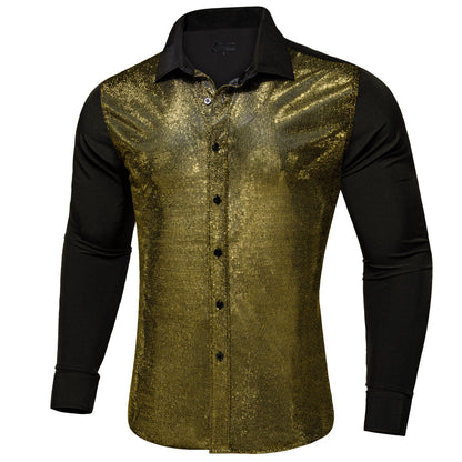 Black Silk Golden Glitter Stitching Dress Shirt shirt    - Sophisticated Gentlemen
