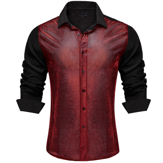 Black Silk Red Glitter Stitching Dress Shirt shirt S   - Sophisticated Gentlemen