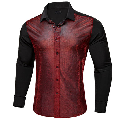 Black Silk Red Glitter Stitching Dress Shirt shirt    - Sophisticated Gentlemen