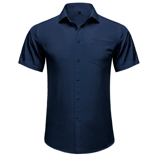 Dark Blue Cotton Solid Silk Dress Shirt shirt S   - Sophisticated Gentlemen