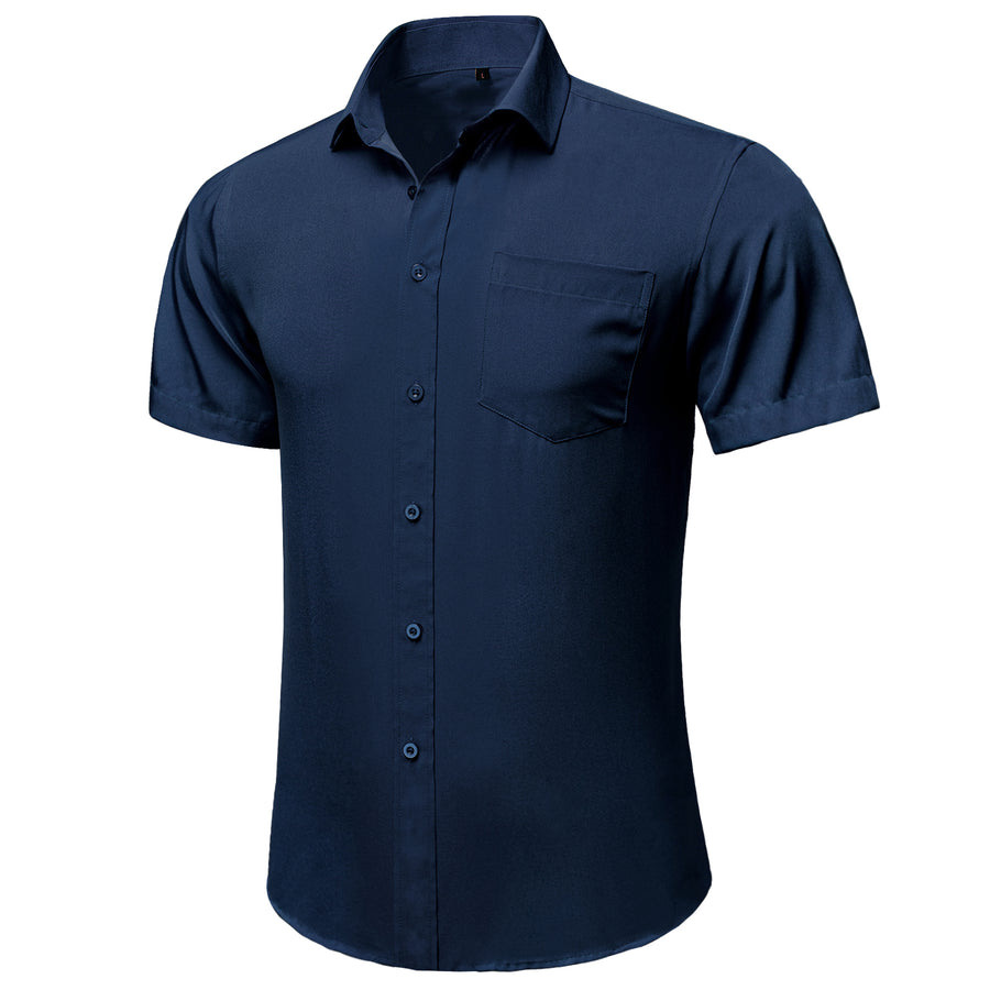 Dark Blue Cotton Solid Silk Dress Shirt shirt    - Sophisticated Gentlemen