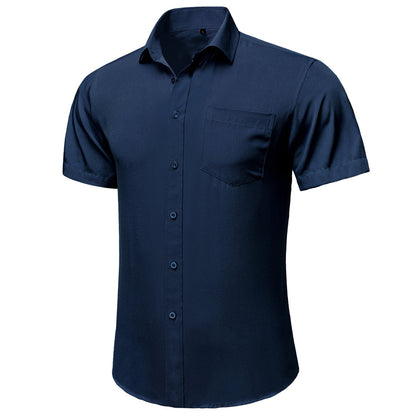 Dark Blue Cotton Solid Silk Dress Shirt shirt    - Sophisticated Gentlemen