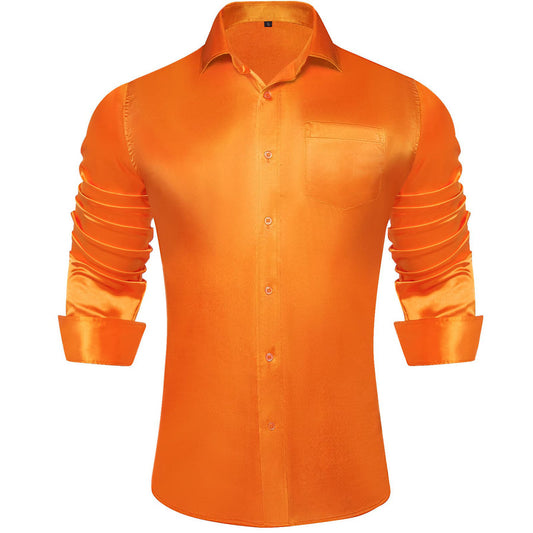 Dark Orange Solid Satin Men's Silk Dress Shirt shirt S   - Sophisticated Gentlemen