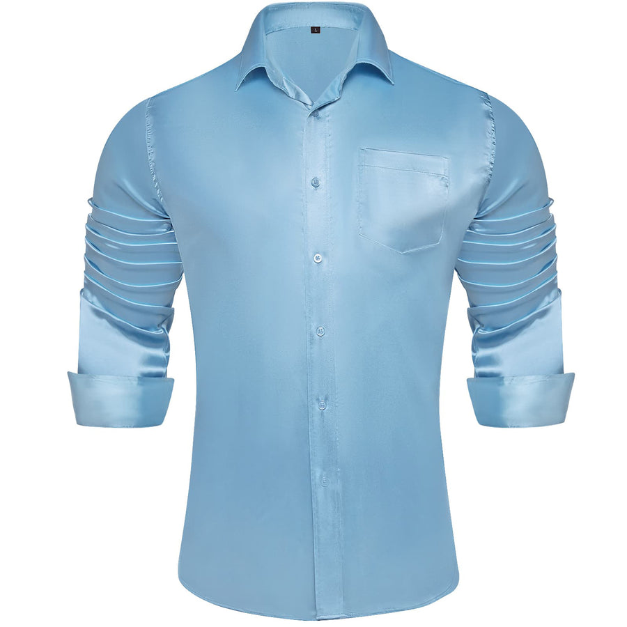 Arctic Blue Solid Satin Men's Silk Dress Shirt shirt S   - Sophisticated Gentlemen