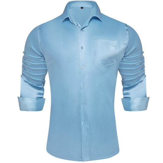 Arctic Blue Solid Satin Men's Silk Dress Shirt shirt S   - Sophisticated Gentlemen