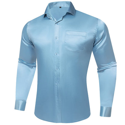 Arctic Blue Solid Satin Men's Silk Dress Shirt shirt    - Sophisticated Gentlemen