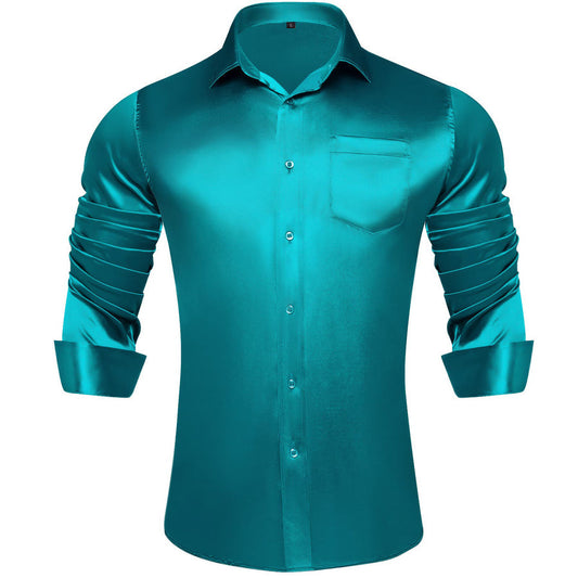 Dark Cyan Solid Satin Men's Silk Dress Shirt shirt S   - Sophisticated Gentlemen