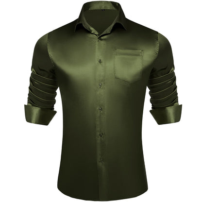 Olive Green Solid Satin Men's Silk Dress Shirt shirt S   - Sophisticated Gentlemen