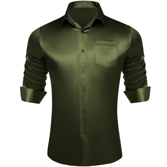 Olive Green Solid Satin Men's Silk Dress Shirt shirt S   - Sophisticated Gentlemen