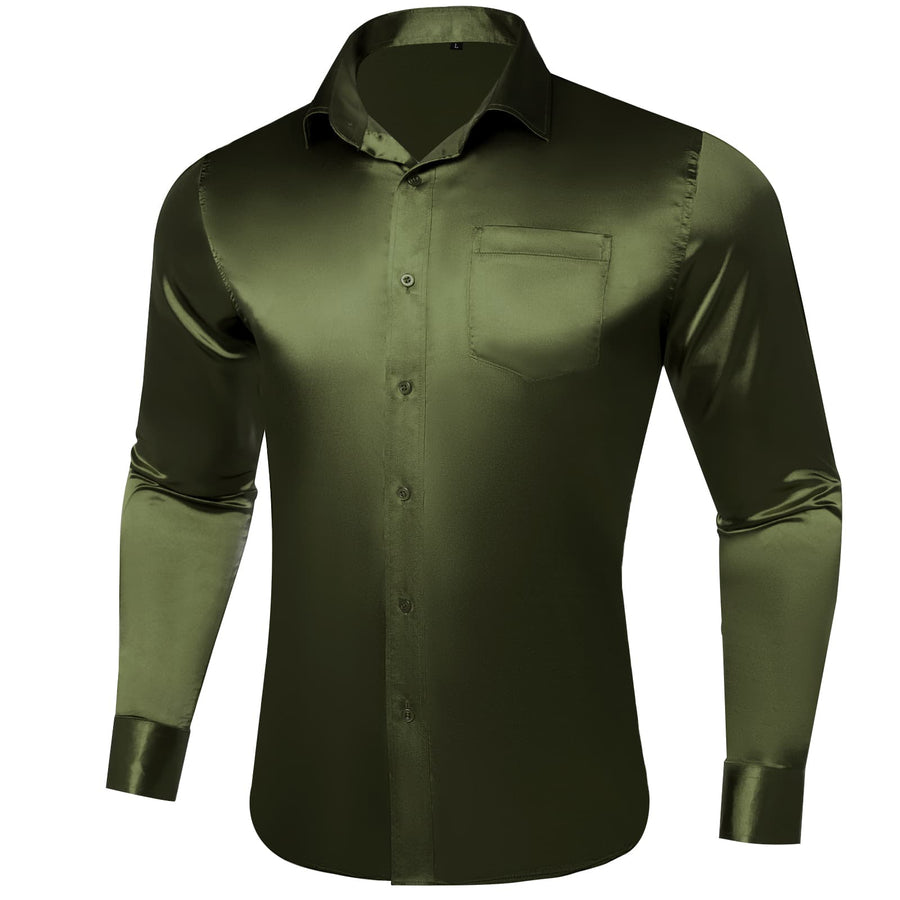 Olive Green Solid Satin Men's Silk Dress Shirt shirt    - Sophisticated Gentlemen