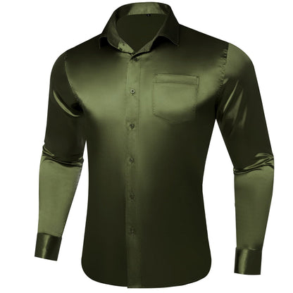 Olive Green Solid Satin Men's Silk Dress Shirt shirt    - Sophisticated Gentlemen