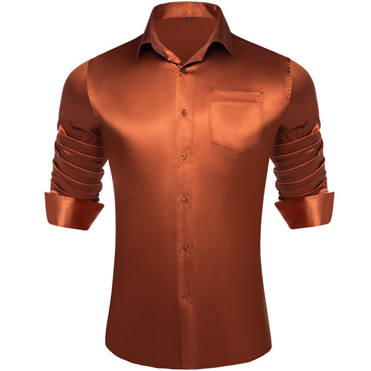 Amber Orange Solid Satin Men's Silk Dress Shirt shirt S   - Sophisticated Gentlemen