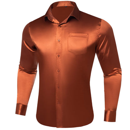 Amber Orange Solid Satin Men's Silk Dress Shirt shirt    - Sophisticated Gentlemen
