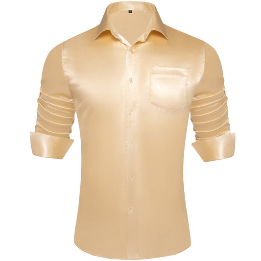 Wheat Solid Satin Men's Silk Dress Shirt shirt S   - Sophisticated Gentlemen