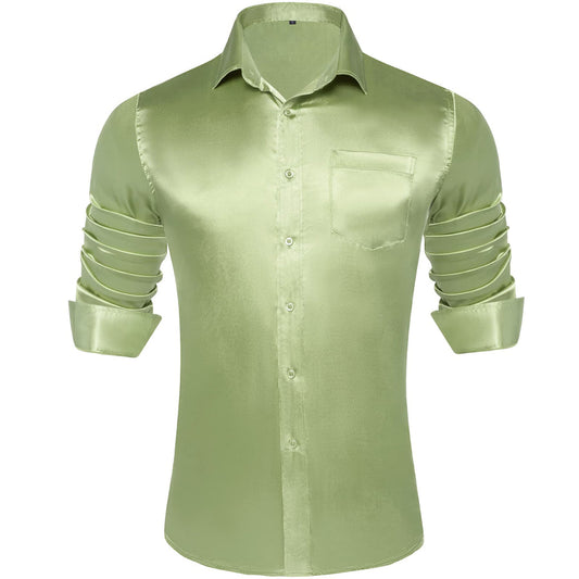 Sage Green Solid Satin Men's Silk Dress Shirt shirt S   - Sophisticated Gentlemen