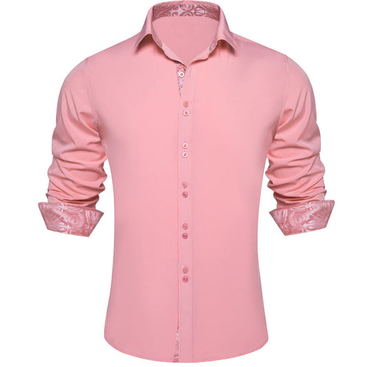 Light Pink Solid Splicing Silk Dress Shirt shirt S   - Sophisticated Gentlemen