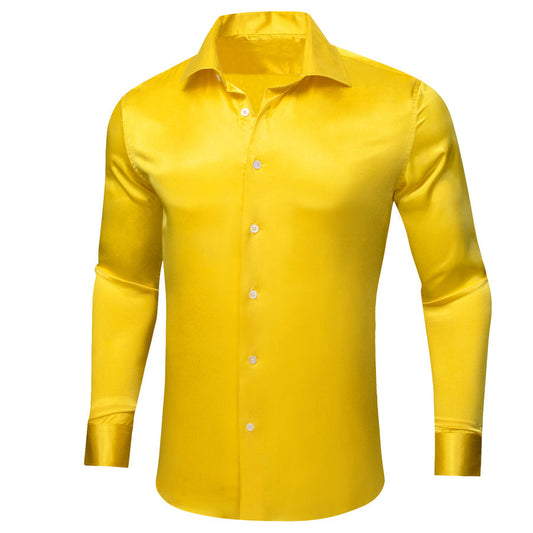 Lemon Yellow Solid Satin Silk Dress Shirt shirt S   - Sophisticated Gentlemen