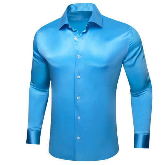 Sky Blue Solid Satin Silk Dress Shirt shirt S   - Sophisticated Gentlemen