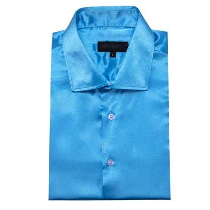 Sky Blue Solid Satin Silk Dress Shirt shirt    - Sophisticated Gentlemen