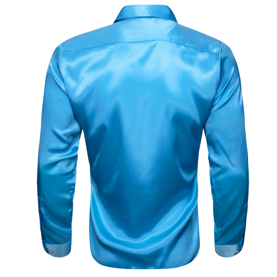 Sky Blue Solid Satin Silk Dress Shirt shirt    - Sophisticated Gentlemen