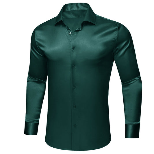 Dark Green Solid Satin Silk Dress Shirt shirt S   - Sophisticated Gentlemen