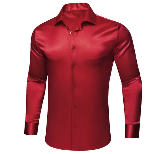 Dark Red Solid Satin Silk Dress Shirt shirt S   - Sophisticated Gentlemen