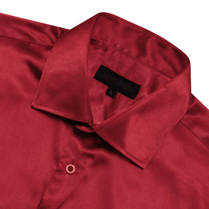 Dark Red Solid Satin Silk Dress Shirt shirt    - Sophisticated Gentlemen