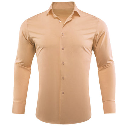 Beige Solid Silk Dress Shirt shirt S   - Sophisticated Gentlemen