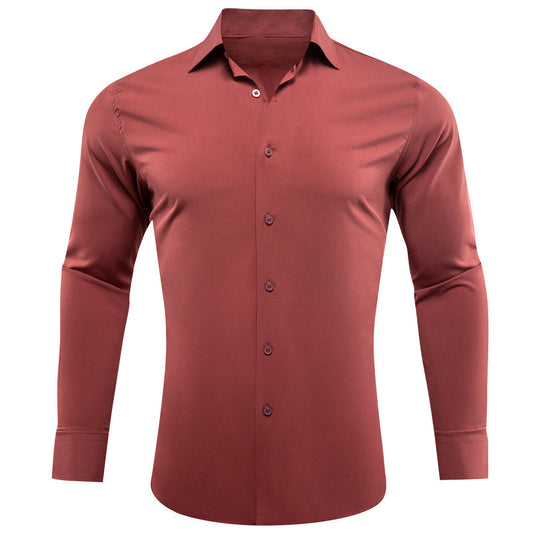Brick Red Solid Silk Dress Shirt shirt S   - Sophisticated Gentlemen