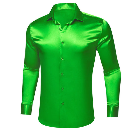Bright Green Satin Solid Silk Dress Shirt shirt S   - Sophisticated Gentlemen
