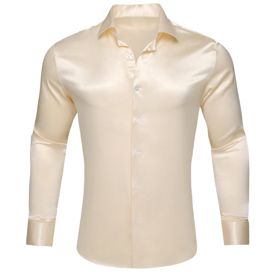 Beige Satin Solid Silk Dress Shirt shirt S   - Sophisticated Gentlemen