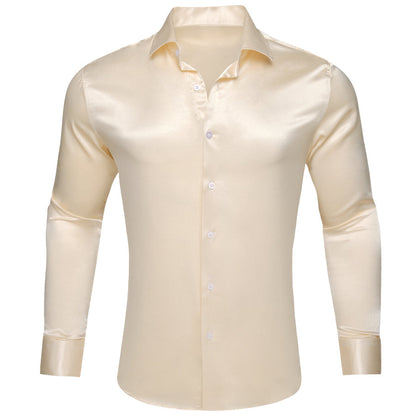 Beige Satin Solid Silk Dress Shirt shirt S   - Sophisticated Gentlemen