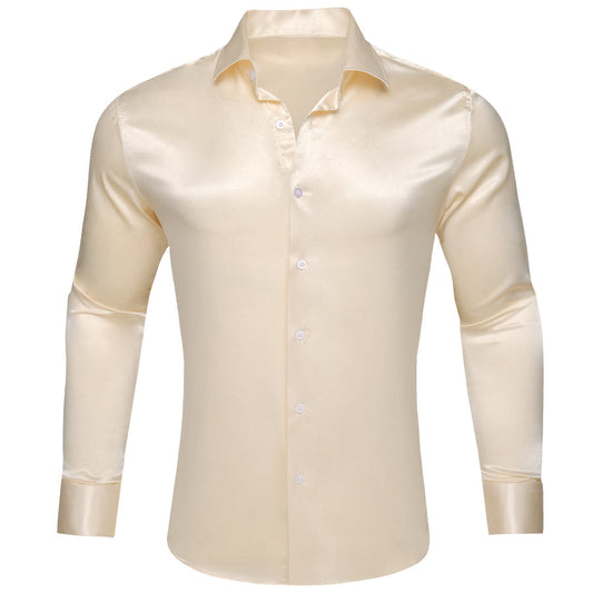 Beige Satin Solid Silk Dress Shirt shirt S   - Sophisticated Gentlemen