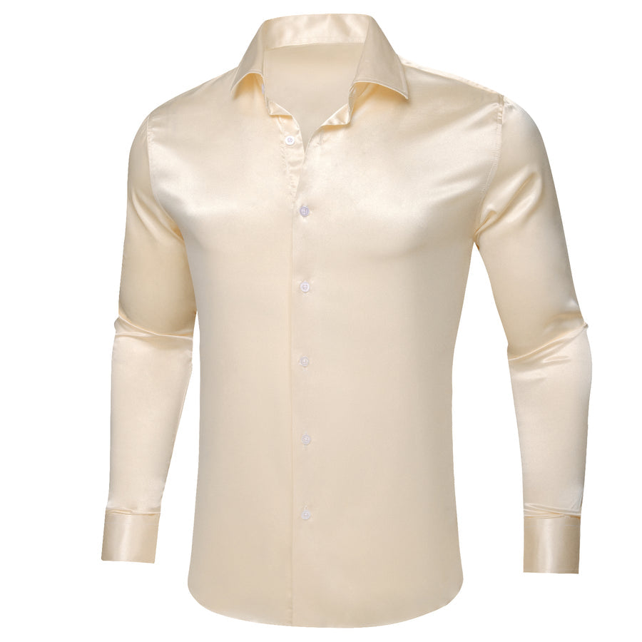 Beige Satin Solid Silk Dress Shirt shirt    - Sophisticated Gentlemen