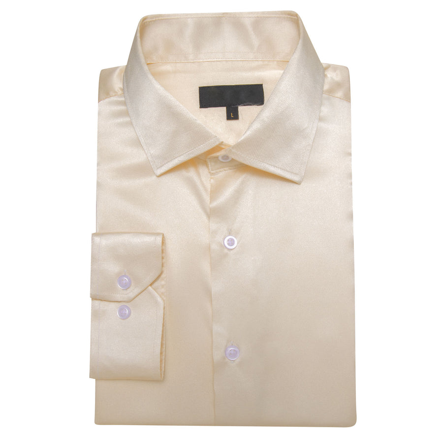 Beige Satin Solid Silk Dress Shirt shirt    - Sophisticated Gentlemen