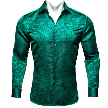 Green Paisley Pattern Silk Dress Shirt shirt S   - Sophisticated Gentlemen