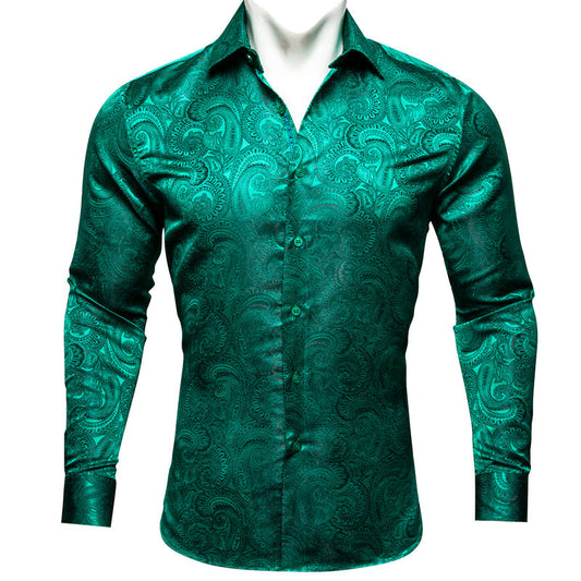 Green Paisley Pattern Silk Dress Shirt shirt S   - Sophisticated Gentlemen