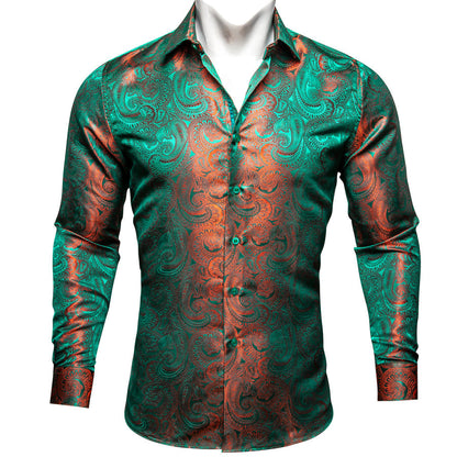 Green Orange Gradient Luxury Paisley Silk Dress Shirt shirt S   - Sophisticated Gentlemen