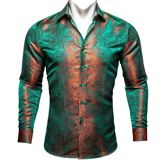 Green Orange Gradient Luxury Paisley Silk Dress Shirt shirt S   - Sophisticated Gentlemen