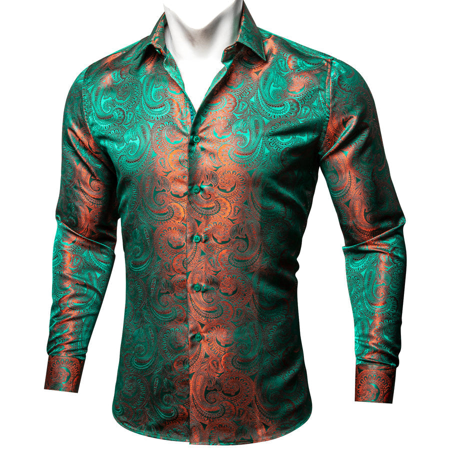 Green Orange Gradient Luxury Paisley Silk Dress Shirt shirt    - Sophisticated Gentlemen