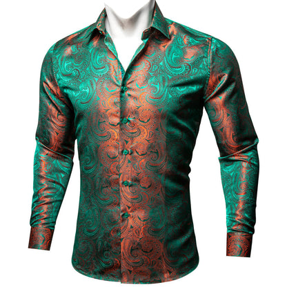 Green Orange Gradient Luxury Paisley Silk Dress Shirt shirt    - Sophisticated Gentlemen