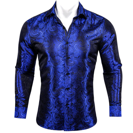 Royal Blue Paisley Pattern Silk Dress Shirt shirt S   - Sophisticated Gentlemen